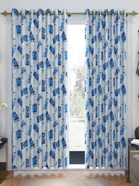 

Divine Casa Blue & White Set of 2 Printed Sheer Door Curtain