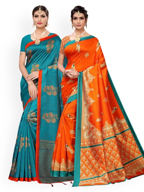 

KALINI Pack Of 2 Sea Green & Orange Ethnic Motifs Zari Art Silk Saree