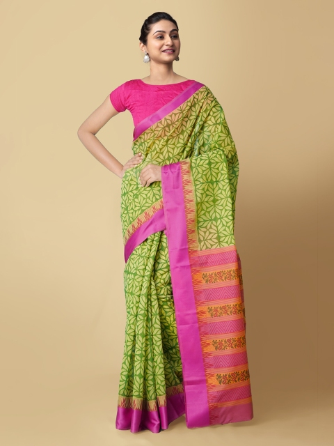 

Unnati Silks Green & Pink Floral Silk Cotton Chanderi Saree