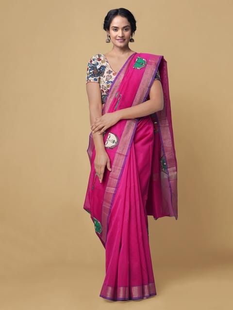 

Unnati Silks Pink Zari Silk Cotton Chanderi Saree