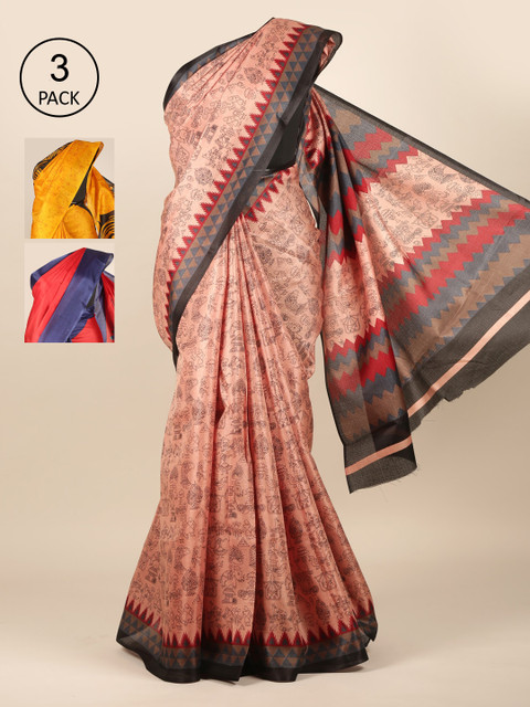 

Pothys Pack of 3 Peach Printed Embroidered Jute Silk Saree