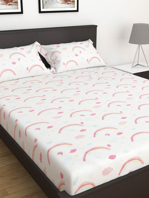 

Home Centre White & Pink Conversational 150 TC King Bedsheet with 2 Pillow Covers