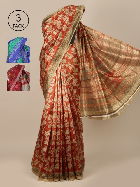 

Pothys Pack Of 3 Rust & Green Floral Jute Silk Saree