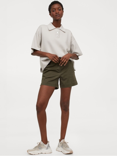 

H&M Women Green Solid Cotton Twill Shorts