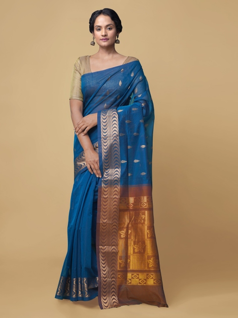 

Unnati Silks Blue Woven Design Pure Cotton Gadwal Saree