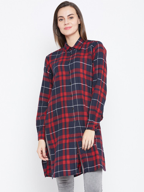 

One Femme Red & Navy Blue Shirt Collar Checked Tunic