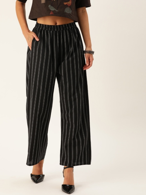 

KSUT Women Black Striped Regular Trousers
