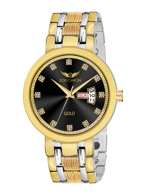

LOIS CARON Men Black Embellished Dial & Gold-Plated Stainless Steel Bracelet Style Straps Analogue Watch