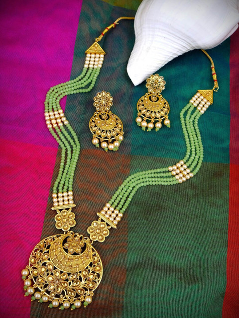 

Crunchy Fashion Gold-Plated Green & Off-White Pearl Beaded & Stone-Studded Jewellery Set