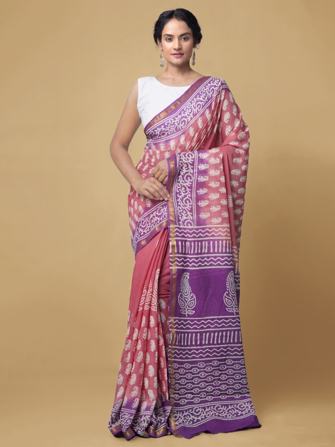 

Unnati Silks Purple & White Pure Cotton Block Print Saree
