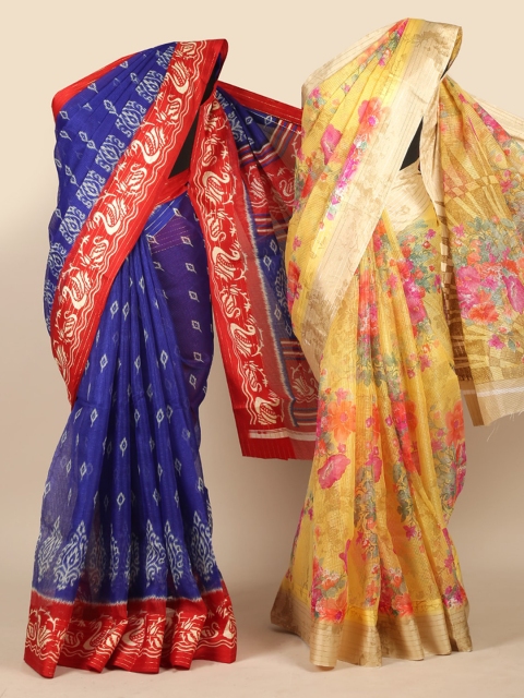 

Pothys Blue & Yellow Pack of 2 Floral Jute Silk Sarees
