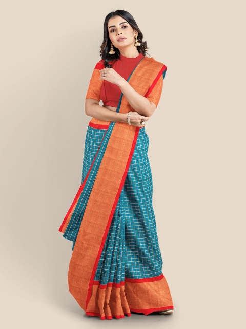 

KLM Fashion Mall Blue & Orange Checked Saree