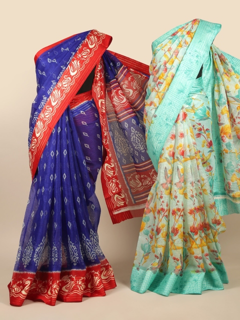 

Pothys Pack Of 2 Blue & Green Floral Jute Silk Saree
