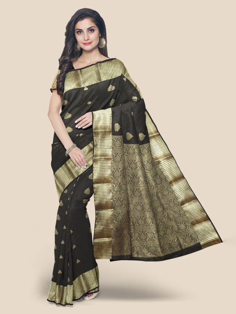 

KLM Fashion Mall Black Checked Silk Blend Kanjeevaram Saree
