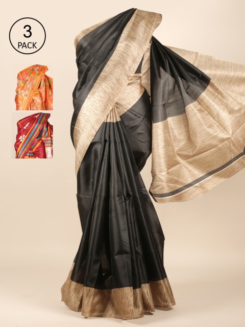 

Pothys Black & Maroon Set of 3 Ethnic Motifs Jute Silk Saree