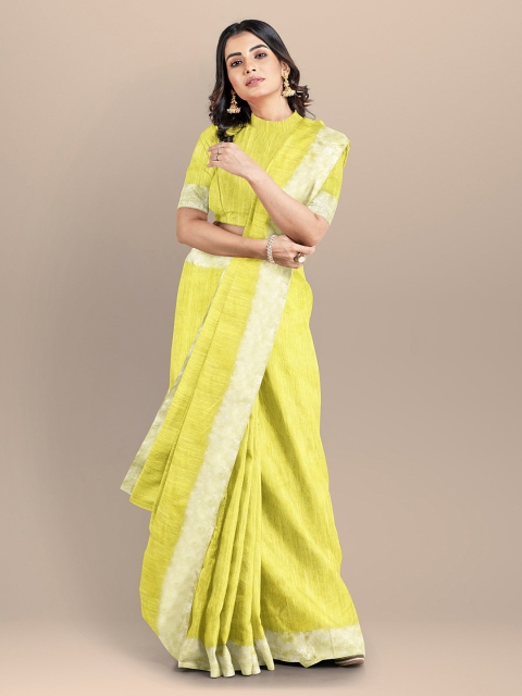 

BharatSthali Yellow & Gold-Toned Striped Zari Silk Cotton Mangalagiri Saree