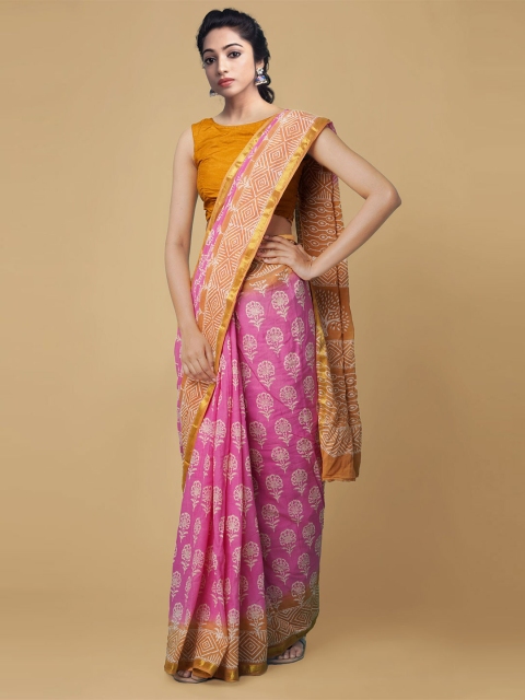 

Unnati Silks Pink Ethnic Motifs Pure Cotton Dabu Saree