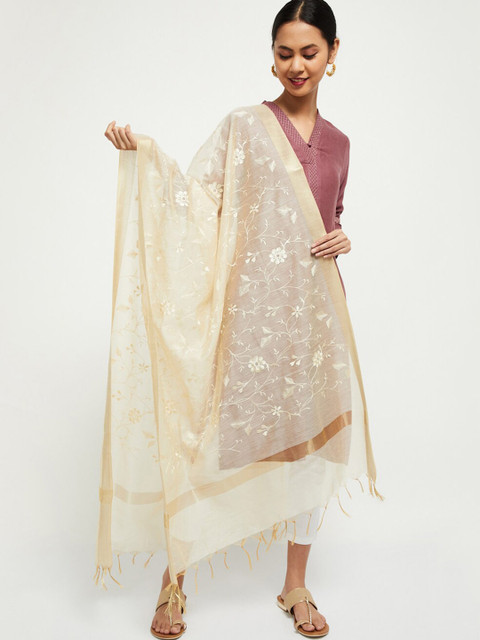 

max Beige & Gold-Toned Embroidered Dupatta