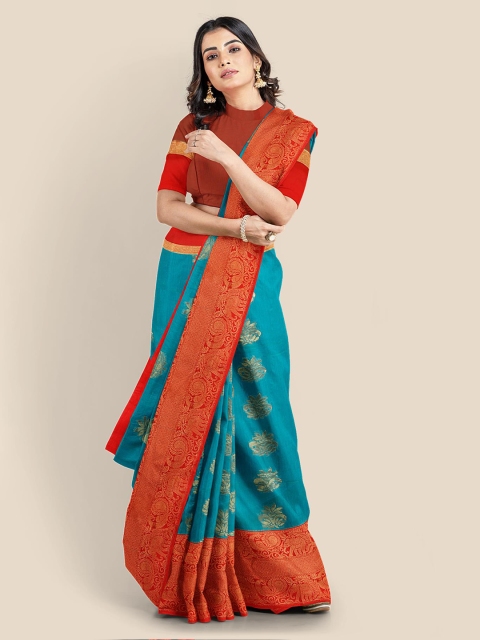 

KLM Fashion Mall Blue & Red Ethnic Motifs Zari Saree