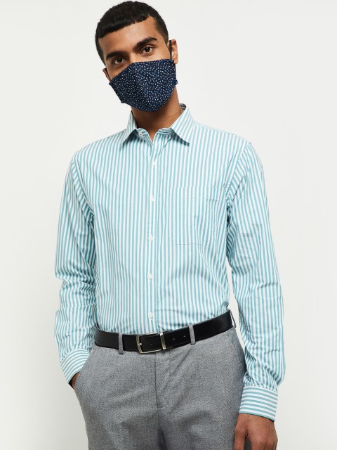 

max Men Turquoise Blue Slim Fit Pinstripes Striped Formal Shirt & 2-Ply Cloth Mask
