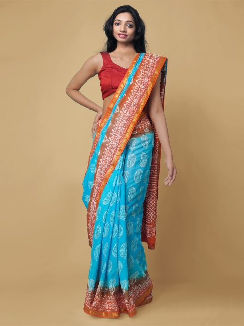 

Unnati Silks Turquoise Blue Ethnic Motifs Zari Pure Cotton Block Print Handloom Saree