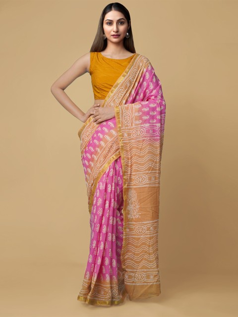 

Unnati Silks Pink & Yellow Floral Zari Pure Cotton Block Print Saree