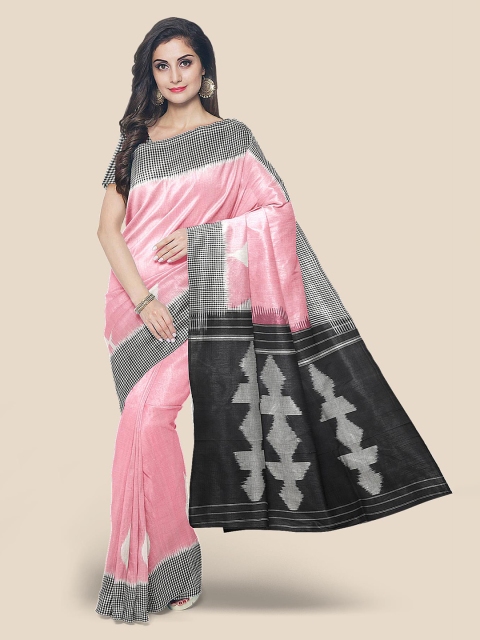 

KLM Fashion Mall Pink & Black Solid Cotton Blend Saree