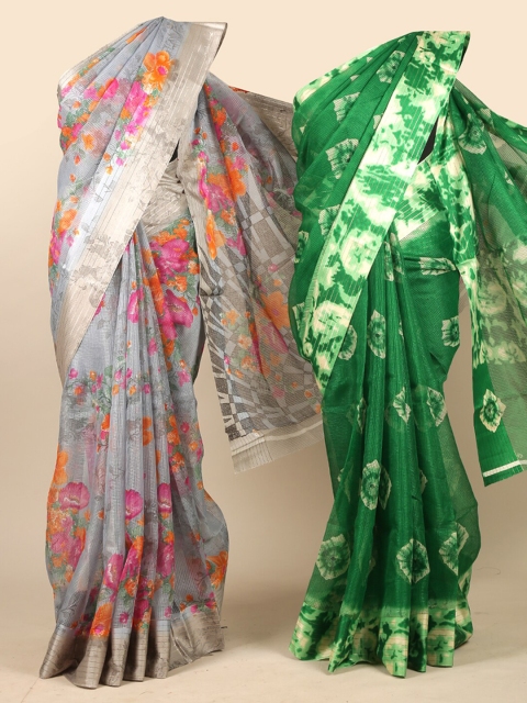 Pothys Grey Pack of 2 Checked Jute Silk Saree