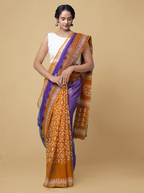 Unnati Silks Women Violet & Mustard Pure Batik Kota Cotton Sustainable Saree