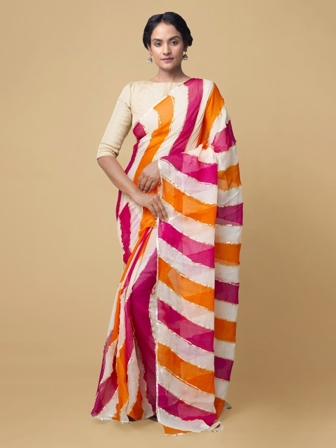 

Unnati Silks Multi Leheriya Gotta Patti Baluchari Saree