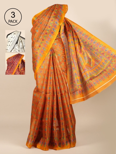 

Pothys Mustard & White Set of 3 Ethnic Motifs Jute Silk Saree