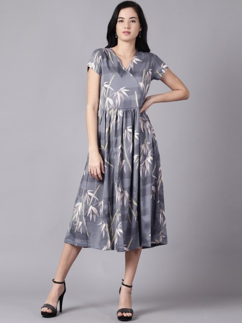 

AASI - HOUSE OF NAYO Grey & Off White Floral Crepe Midi Dress
