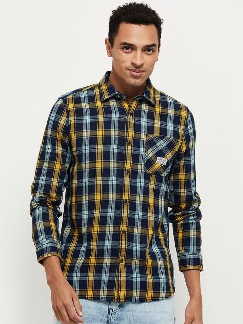 

max Men Yellow & Blue Slim Fit Checked Casual Cotton Shirt