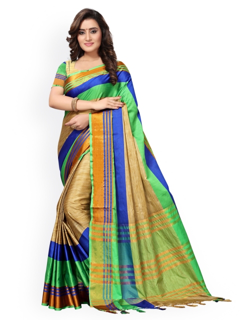 

KALINI Beige & Green Colourblocked Zari Saree