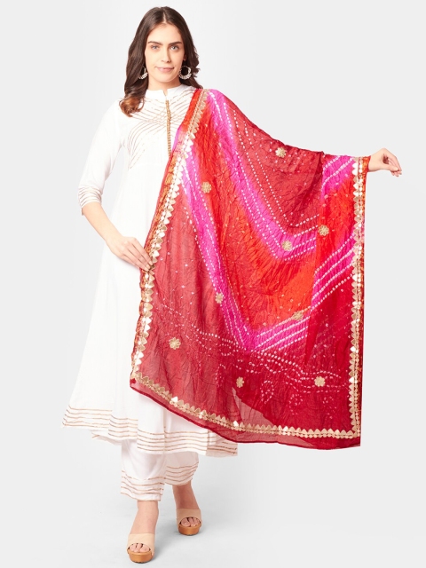Dupatta Bazaar Red & Pink Printed Bandhani Dupatta with Gotta Patti
