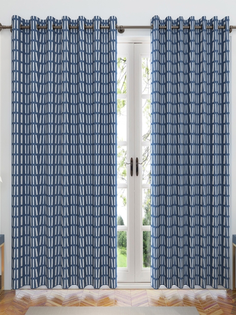 

Divine Casa Navy Blue & White Set of 2 Geometric Sheer Door Curtain