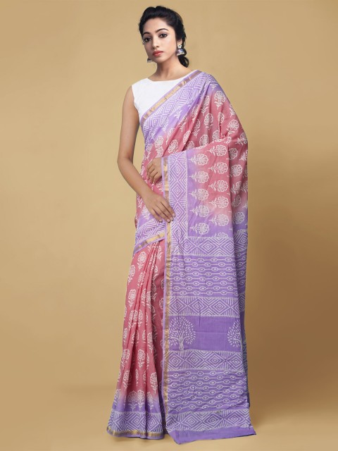 

Unnati Silks Lavender & Peach-Coloured Dabu Zari Pure Cotton Dabu Handloom Saree