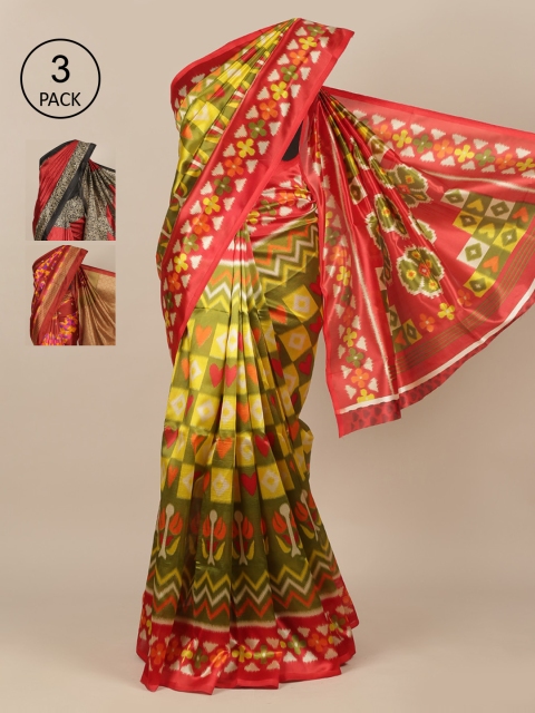 

Pothys Pack Of 3 Green & Red Jute Silk Saree