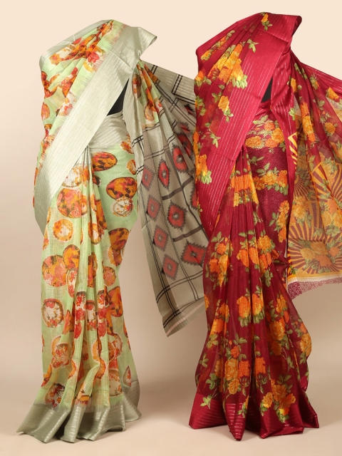 

Pothys Pack of 2 Green & Maroon Floral Jute Silk Saree