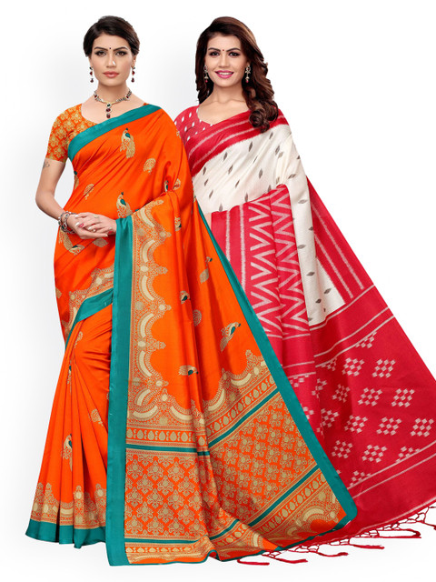 

KALINI Red & Orange Pack of 2 Ethnic Motifs Art Silk Saree