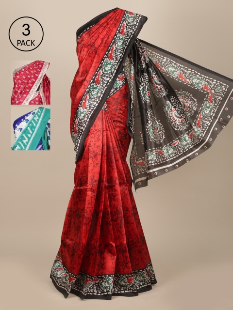 

Pothys Pack Of 3 Jute Silk Sarees, Red