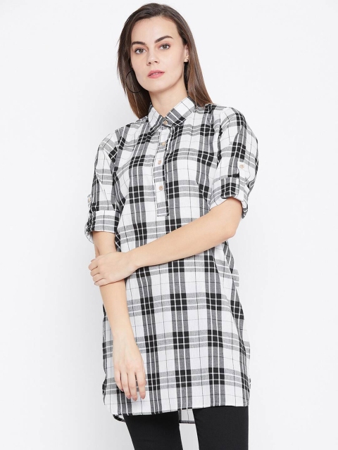 

One Femme White & Black Shirt Collar Checked Tunic