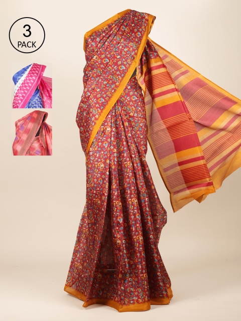 

Pothys Pack of 3 Red & Peach-Coloured Jute Silk Saree