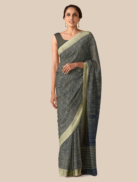 

Taneira Navy Blue & Gold-Toned Ethnic Motifs Zari Pure Georgette Saree