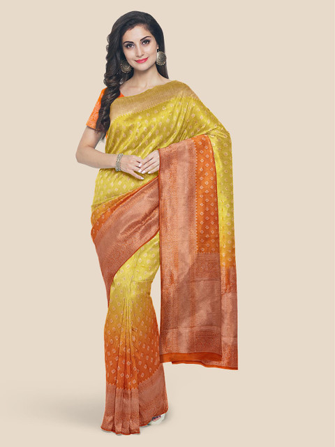 

KLM Fashion Mall Yellow & Orange Woven Design Zari Silk Blend Saree