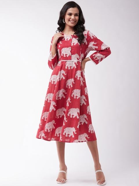 

InWeave Red Ethnic Motifs Cotton Midi Dress