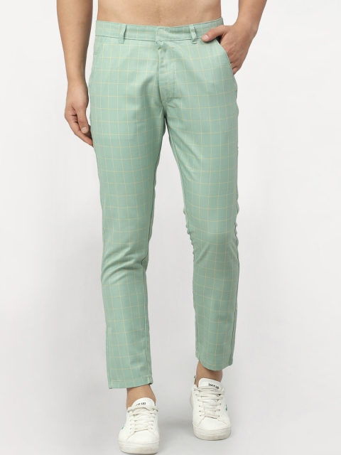 

JAINISH Men Sea Green Checked Tapered Fit Regular Trousers