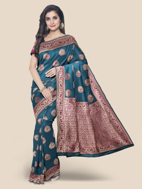 

KLM Fashion Mall Teal Woven Design Silk Blend Banarasi Saree