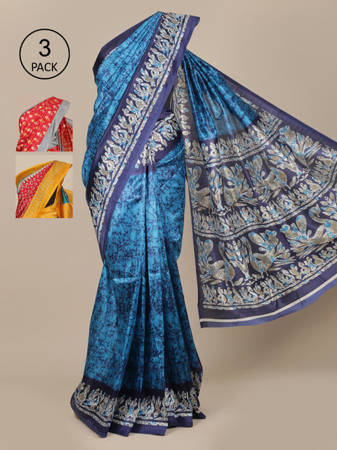 

Pothys Pack Of 3 Jute Silk Sarees, Blue
