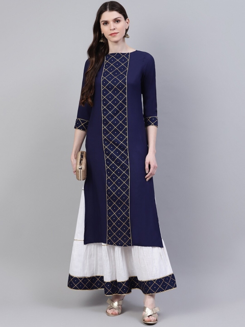 

Stylum Women Navy Blue Printed Panelled Kurta with Skirt